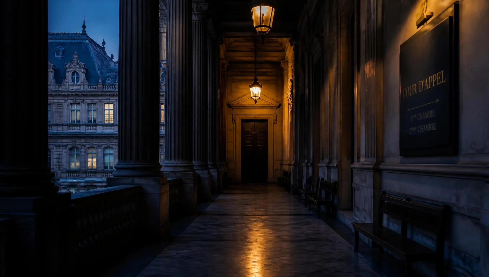 Corredor de tribunal europeu ao entardecer
