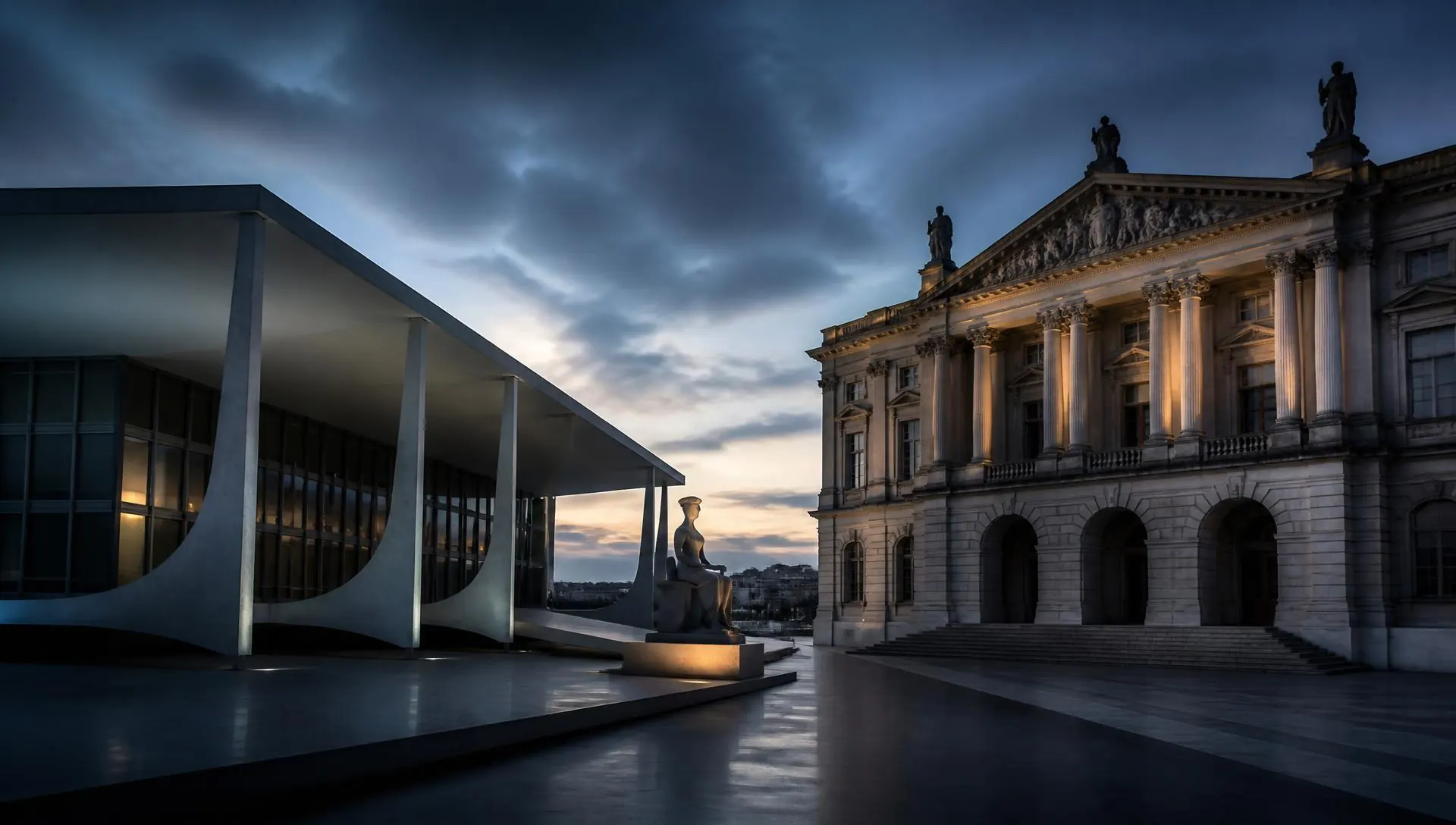 Tribunais do Brasil e de Portugal ao entardecer